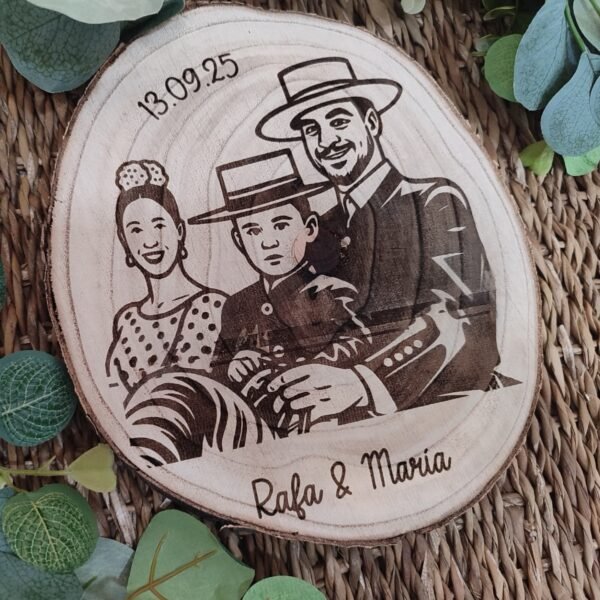 Rodaja de madera con foto dibujo